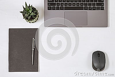 Work space for student. Gray computer and wireless mouse, home succulent, blank notebook and pen on table Stock Photo