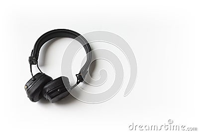 Work station. tablet, headphone, mobile on white background. flat lay.Black headphone on white background. flat lay. Stock Photo