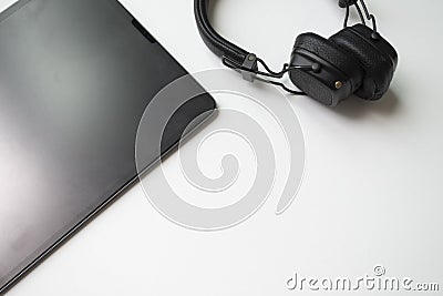 Work station. tablet, headphone, mobile on white background. flat lay. Stock Photo