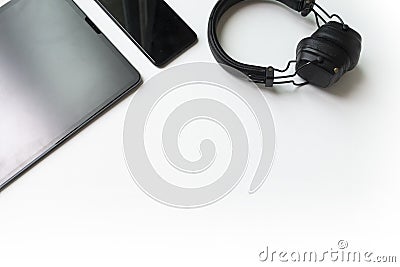 Work station. tablet, headphone, mobile on white background. flat lay. Stock Photo