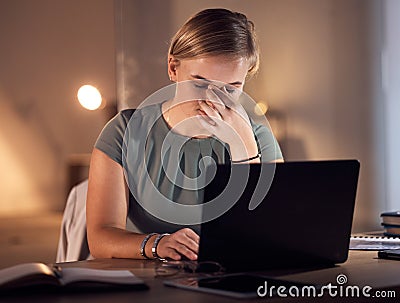 Work stress, headache and computer work at night in a office with project report deadline. Working in dark, anxiety and Stock Photo