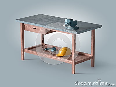 Work table of a carpenter with vise, helmet and drill Stock Photo