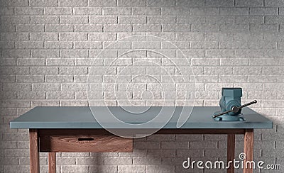 Work table of a carpenter on white brick background Stock Photo