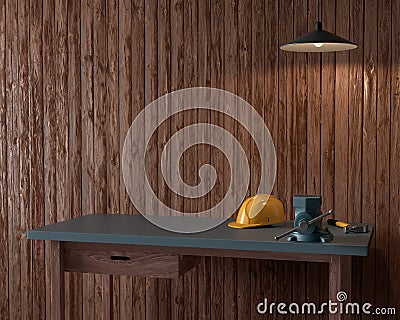 Work table of a carpenter on wooden background Stock Photo