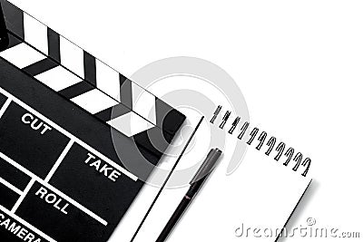 Work table of producer. Movie clapperboard and notebook on white background top view copyspace Stock Photo