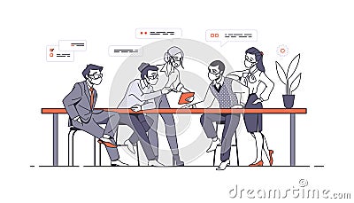 Work team. Office workers meeting and brainstorming. Employee characters wearing protective masks. Covid-19 prevention Vector Illustration