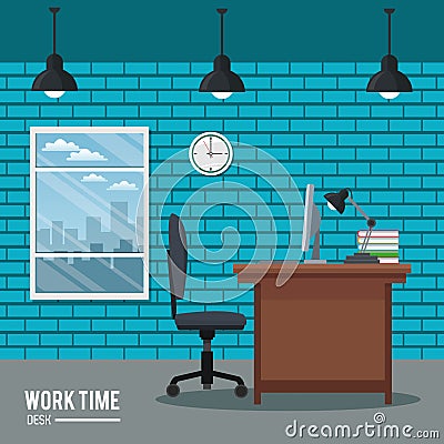 Work time desk clock chair laptop window brick wall Vector Illustration