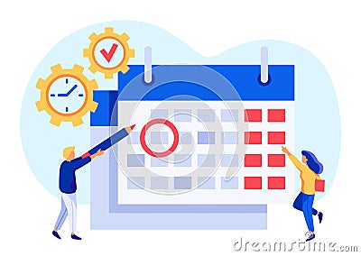 Work time management. Tiny people looking at calendar, checking important date. Man circling event or appointment Vector Illustration