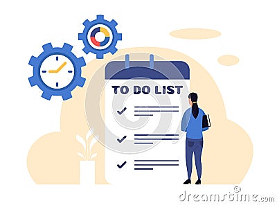 Work time management. Tiny person standing near to do list looking at completed tasks. Female employee checking plan Vector Illustration