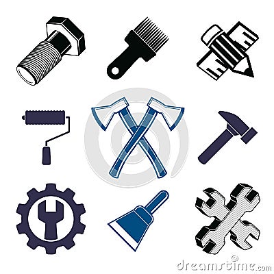 Work tools collection, repair instruments for carpentry and manufacturing. Set of high quality elements, for use in graphic Vector Illustration