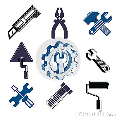 Work tools collection, repair instruments for manufacturing Vector Illustration