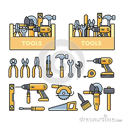 Work tools icons - toolbox, puncher, drill, wrench, plane, saw and construction tools kit Vector Illustration