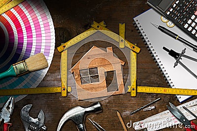 Work Tools and Model House - Home Improvement Stock Photo