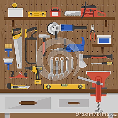 Work Tools Wall Composition Vector Illustration