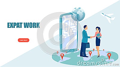 Work and travel abroad concept. Vector of a business man traveling to a new country for job opportunities Vector Illustration
