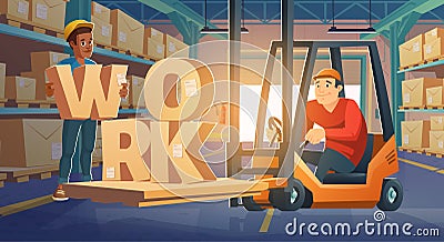 Work in warehouse, forklift driver loading boxes Vector Illustration