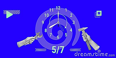 Work week, working 5 days a week, at a certain time. Hands with tools pointing to the symbolic clock with hands Stock Photo