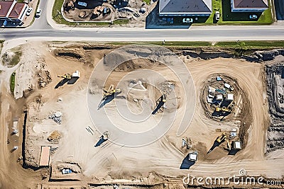 Work yellow machinery excavation equipment construction aerial development truck sand industrial site heavy Stock Photo