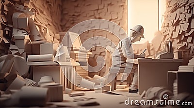 Workaholic Worker Working in Paper Art Style Design. Generative ai Stock Photo