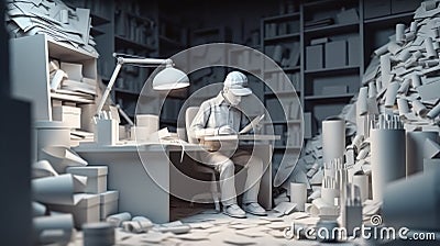 Workaholic Worker Working in Paper Art Style Design. Generative ai Stock Photo