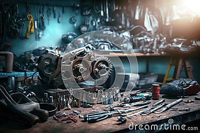 Workbench of automotive repair service. Dark background Stock Photo