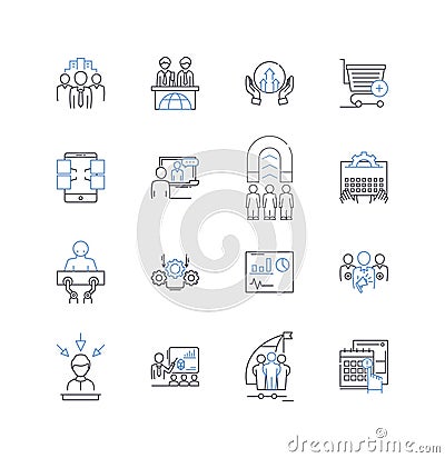 Workday framework line icons collection. Deployment, Integration, Reporting, Analytics, Configuration, Security Vector Illustration