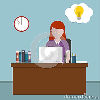 Workday and workplace concept. Vector illustration of a woman in the office having idea Vector Illustration