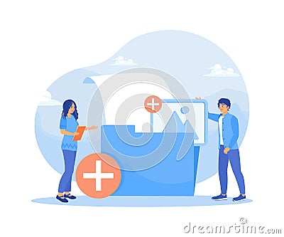 The worker added a file to a large folder. Saving and indexing files. Storage concept. Vector Illustration