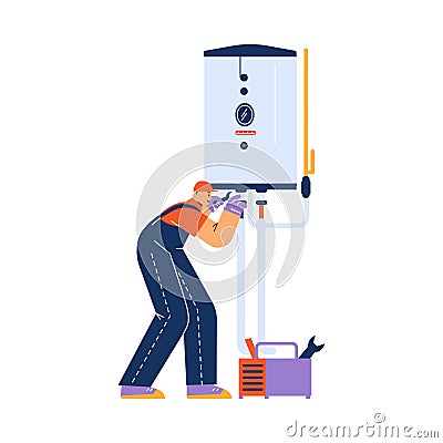 Worker adjust and fix boiler with spanner. Vector Illustration