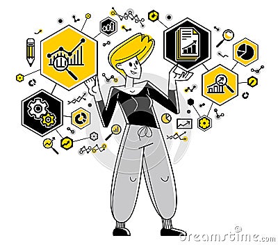 Worker analyzes some data and systematizing information, vector outline illustration, abstract big data analysis. Vector Illustration