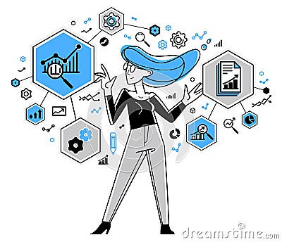 Worker analyzes some data and systematizing information, vector outline illustration, abstract big data analysis. Vector Illustration