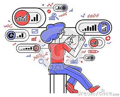 Worker analyzes some data and systematizing information, vector outline illustration, abstract big data analysis. Vector Illustration