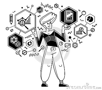 Worker analyzes some data and systematizing information, vector outline illustration, abstract big data analysis. Vector Illustration