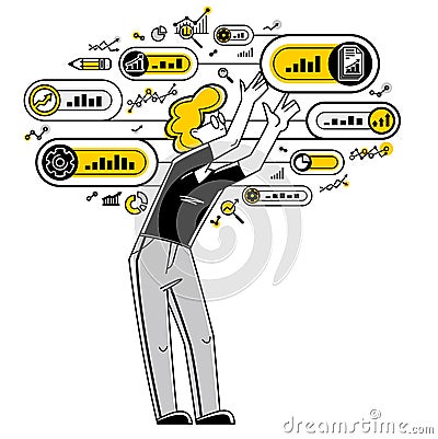Worker analyzes some data and systematizing information, vector outline illustration, abstract big data analysis. Vector Illustration