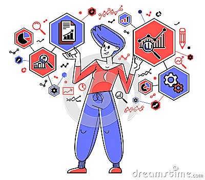 Worker analyzes some data and systematizing information, vector outline illustration, abstract big data analysis. Vector Illustration
