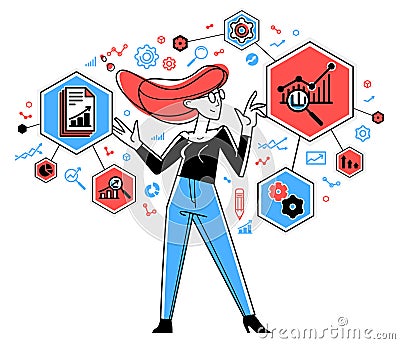 Worker analyzes some data and systematizing information, vector outline illustration, abstract big data analysis. Vector Illustration