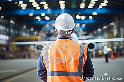 Worker In The Background Aircraft Manufacturing Facility Design Concepts, Safety Regulations, Manufa Stock Photo