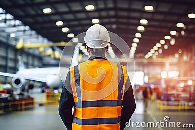 Worker In The Background Aircraft Manufacturing Facility Design Concepts, Safety Regulations, Manufa Stock Photo