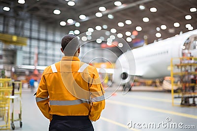 Worker In The Background Aircraft Manufacturing Facility Design Concepts, Safety Regulations, Manufa Stock Photo