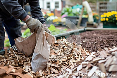 worker bagging wood chips for sale at a garden center Stock Photo