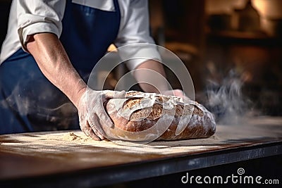 A worker in a bakery puts bread in the oven. Bread production enterprise. Bakery. Close-up Stock Photo