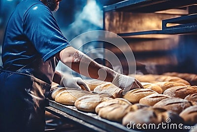 A worker in a bakery puts bread in the oven. Bread production enterprise. Bakery. Close-up Stock Photo