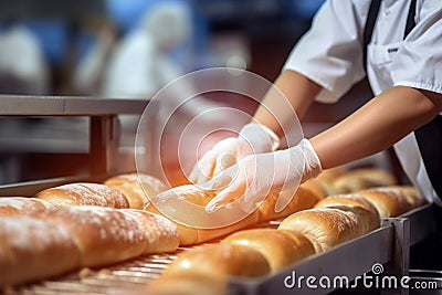 A worker in a bakery puts bread in the oven. Bread production enterprise. Bakery. Close-up Stock Photo