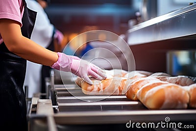 A worker at a bakery takes fresh bread out of the oven. Industrial production Stock Photo