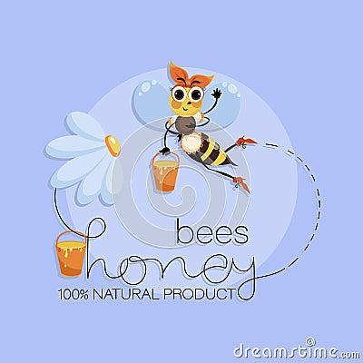 Worker bee. Natural flower honey. Funny bee with full honey buckets. Vector background. Bee swarm Vector Illustration