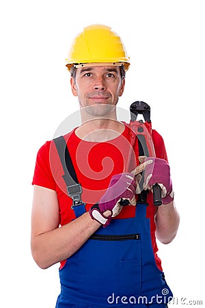 Worker with bolt cropper on his shoulder Stock Photo