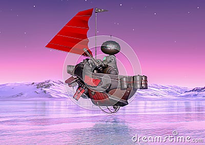 Worker bot is seiling in a floating boat on another planet Cartoon Illustration