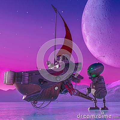 Worker bot is thinking how to fix the floating boat on another planet Cartoon Illustration