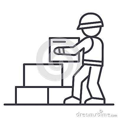 Worker builder taking bricks vector line icon, sign, illustration on background, editable strokes Vector Illustration