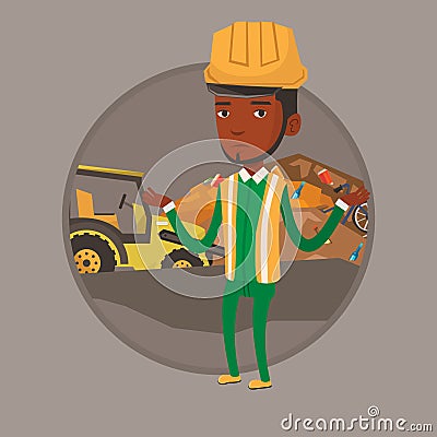 Worker and bulldozer at landfill. Vector Illustration